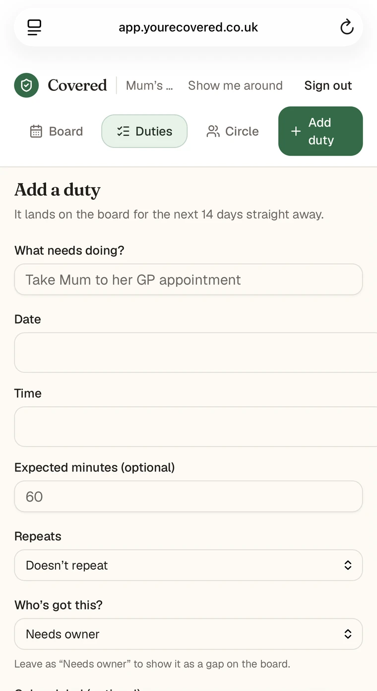 The add-a-duty form, with time, repeat and colour label options